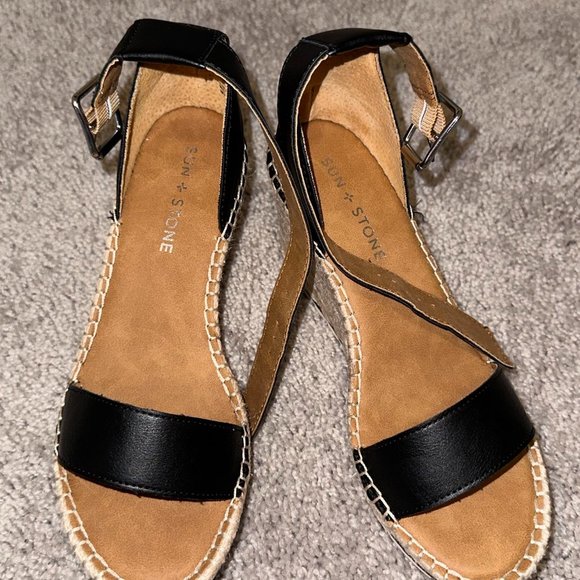 Sun Stone Sammi Two-Piece Wedge Sandals Black 6M - Picture 1 of 5